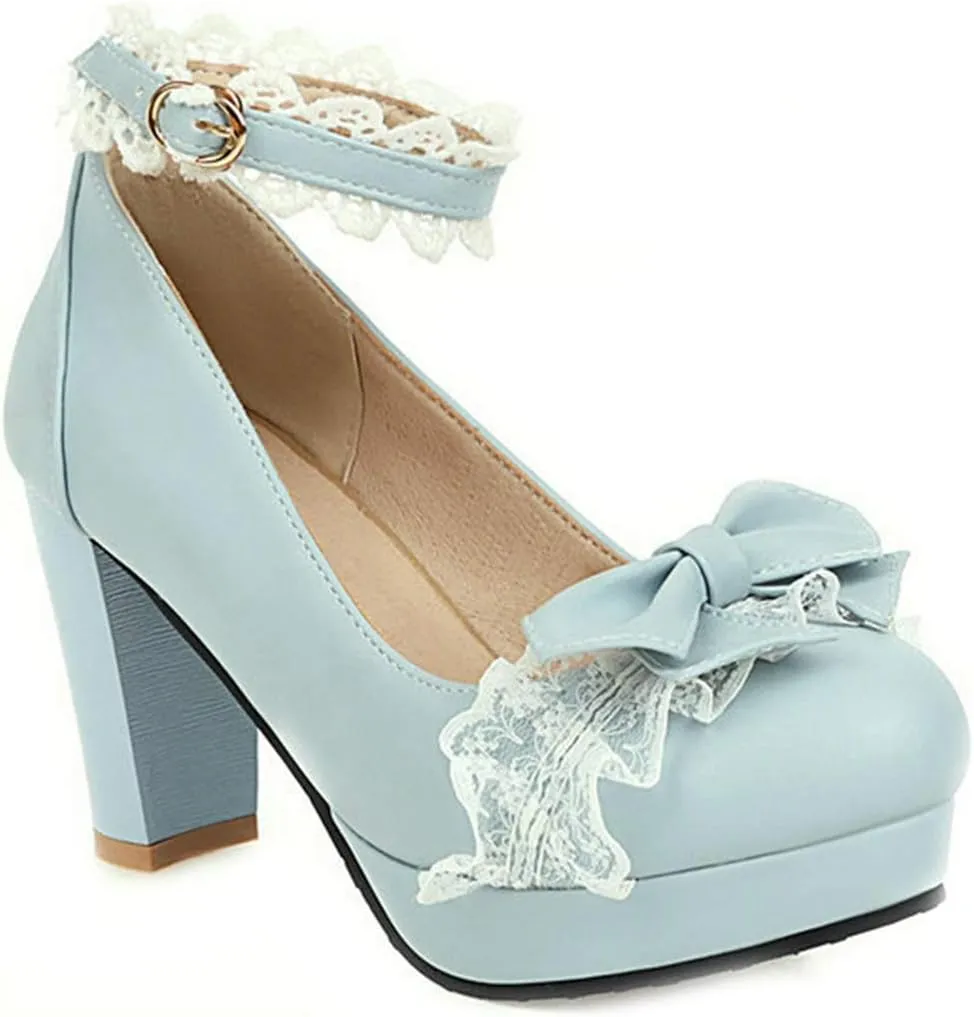 VOKLIN Women's Girls Lolita Platform Mary Jane Pumps Sweet Bow Ankle Strap Block High Heel Oxford Dress Shoes