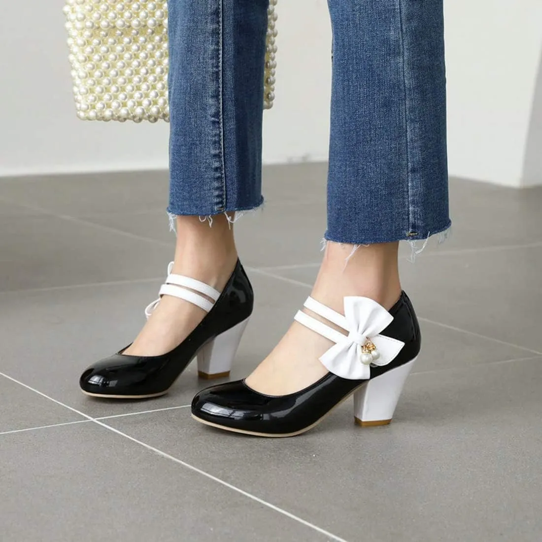 VOKLIN Women's Girls Lolita Sweet Bow Mary Jane Pumps Round Toe Ankle Strap Block High Heel Oxford Dress Shoes