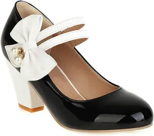 VOKLIN Women's Girls Lolita Sweet Bow Mary Jane Pumps Round Toe Ankle Strap Block High Heel Oxford Dress Shoes