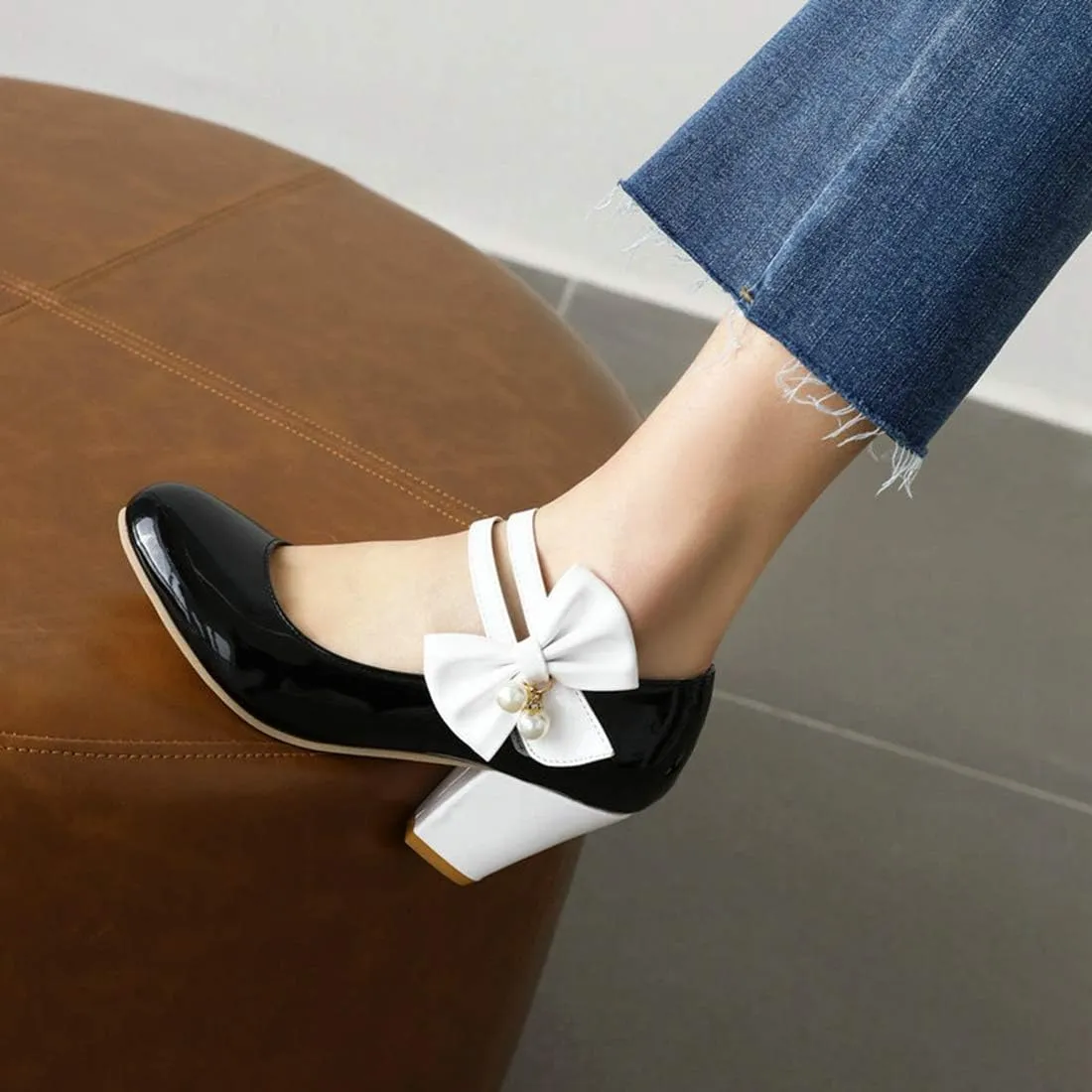 VOKLIN Women's Girls Lolita Sweet Bow Mary Jane Pumps Round Toe Ankle Strap Block High Heel Oxford Dress Shoes