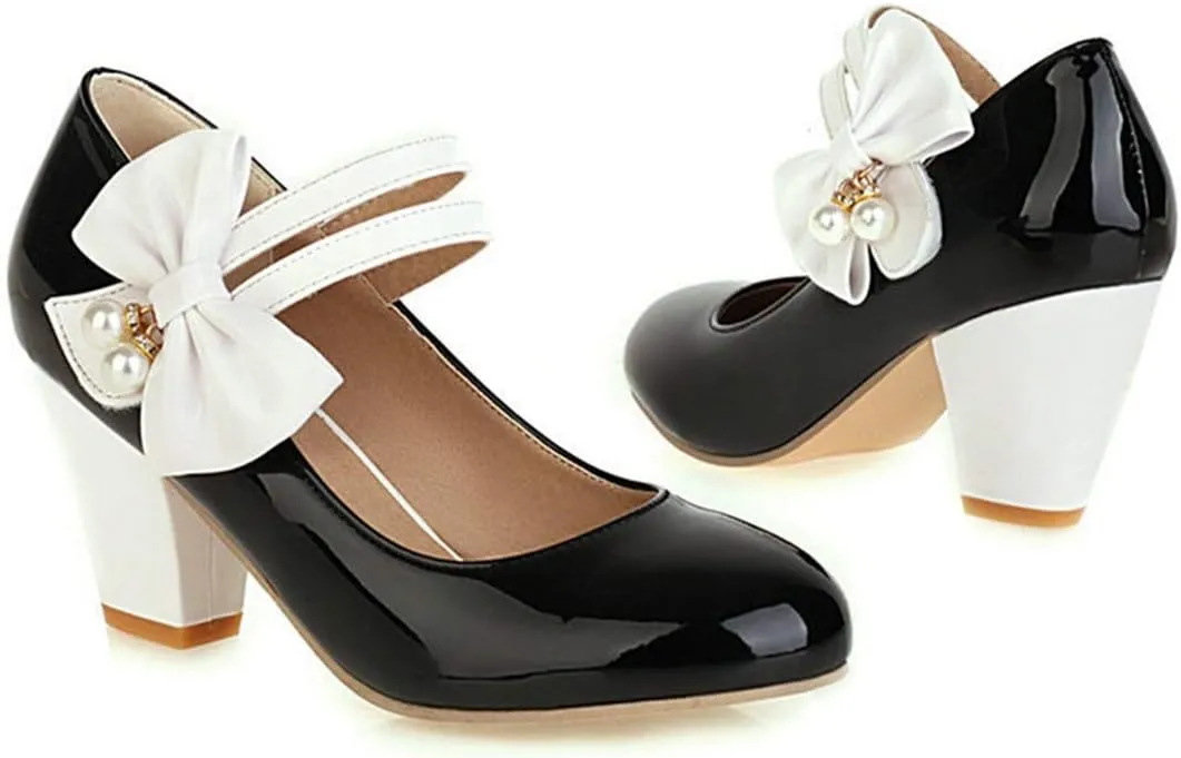 VOKLIN Women's Girls Lolita Sweet Bow Mary Jane Pumps Round Toe Ankle Strap Block High Heel Oxford Dress Shoes
