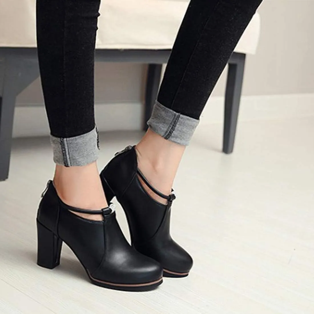 VOKLIN Women's Round Toe Dressy Ankle Booties Leather Pump Oxford Shoes Chunky Block High Heels Short Boots