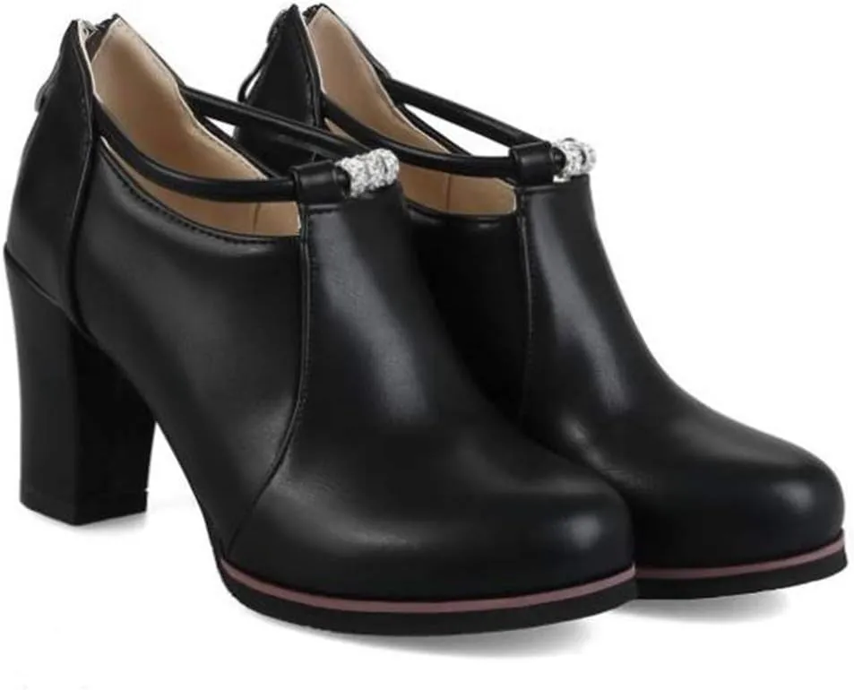 VOKLIN Women's Round Toe Dressy Ankle Booties Leather Pump Oxford Shoes Chunky Block High Heels Short Boots