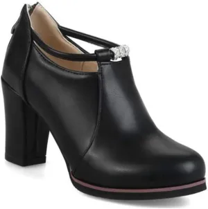 VOKLIN Women's Round Toe Dressy Ankle Booties Leather Pump Oxford Shoes Chunky Block High Heels Short Boots
