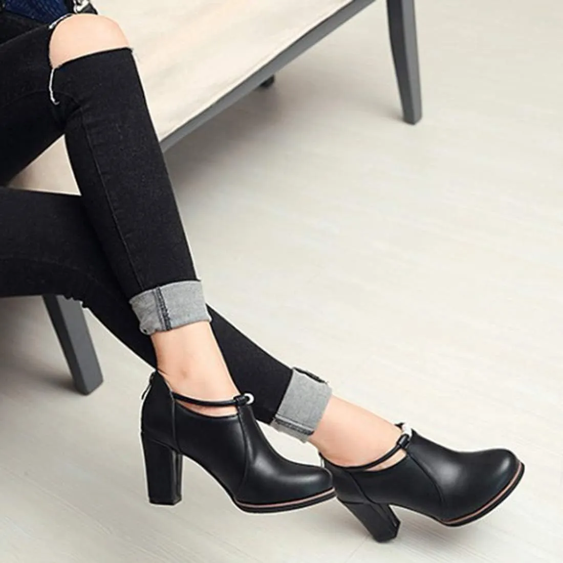 VOKLIN Women's Round Toe Dressy Ankle Booties Leather Pump Oxford Shoes Chunky Block High Heels Short Boots