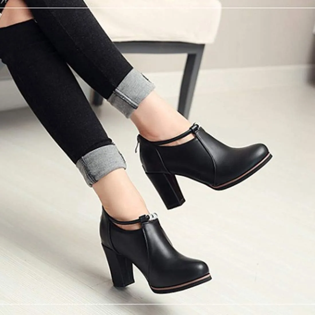 VOKLIN Women's Round Toe Dressy Ankle Booties Leather Pump Oxford Shoes Chunky Block High Heels Short Boots