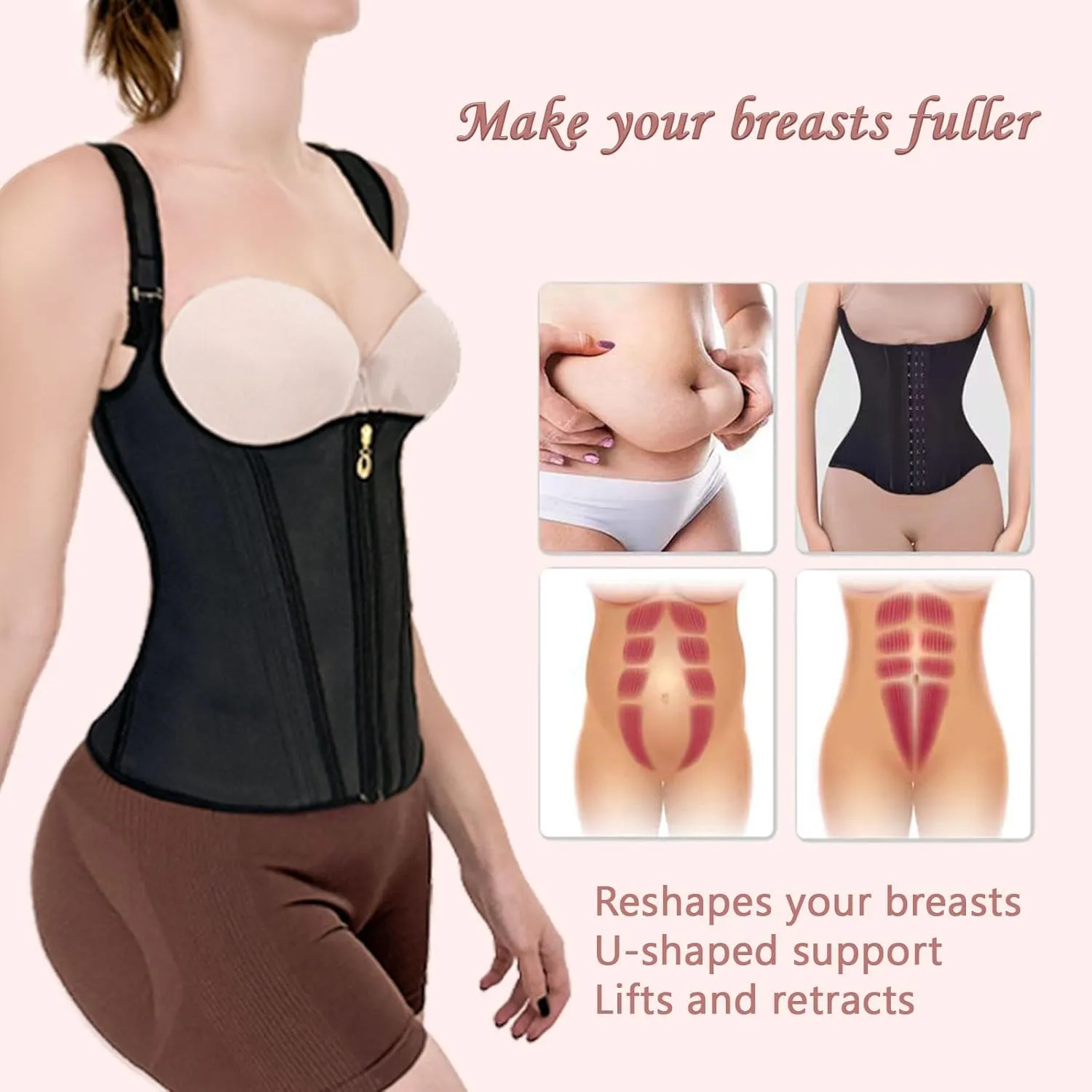 Waist Trainer for Women,Corset with Zipper and Hook Tummy Control Girdle Hourglass Shapewear,Adjustable Shoulder Strap