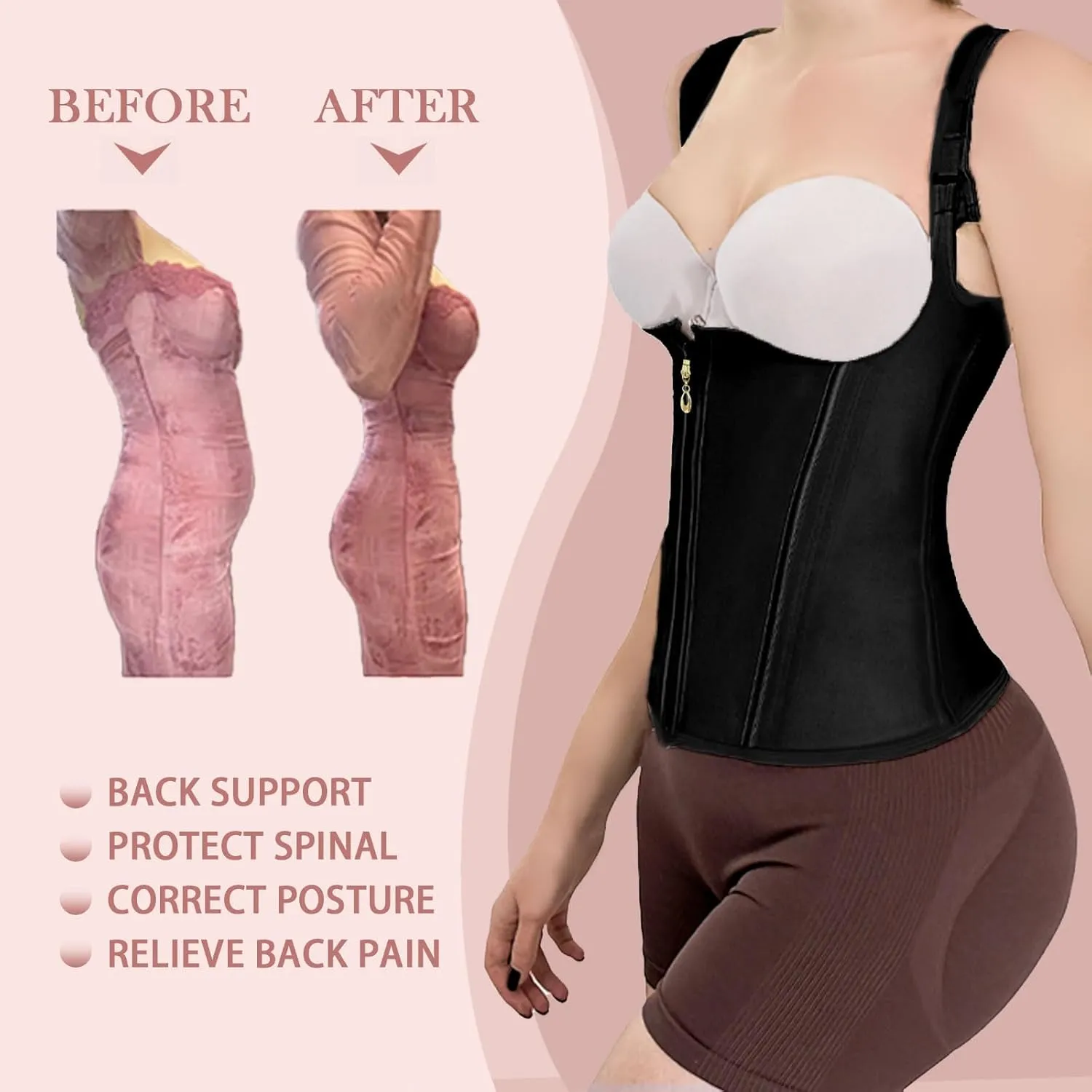 Waist Trainer for Women,Corset with Zipper and Hook Tummy Control Girdle Hourglass Shapewear,Adjustable Shoulder Strap