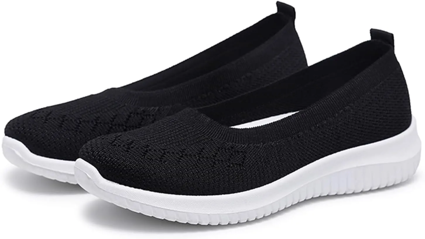 Walking Shoes for Women Summer Breathable Mesh Hollow Out Knitted Flats Casual Comfortable Slip On Soft Sole Sneakers Athletic Walking Sneakers with Arch Support
