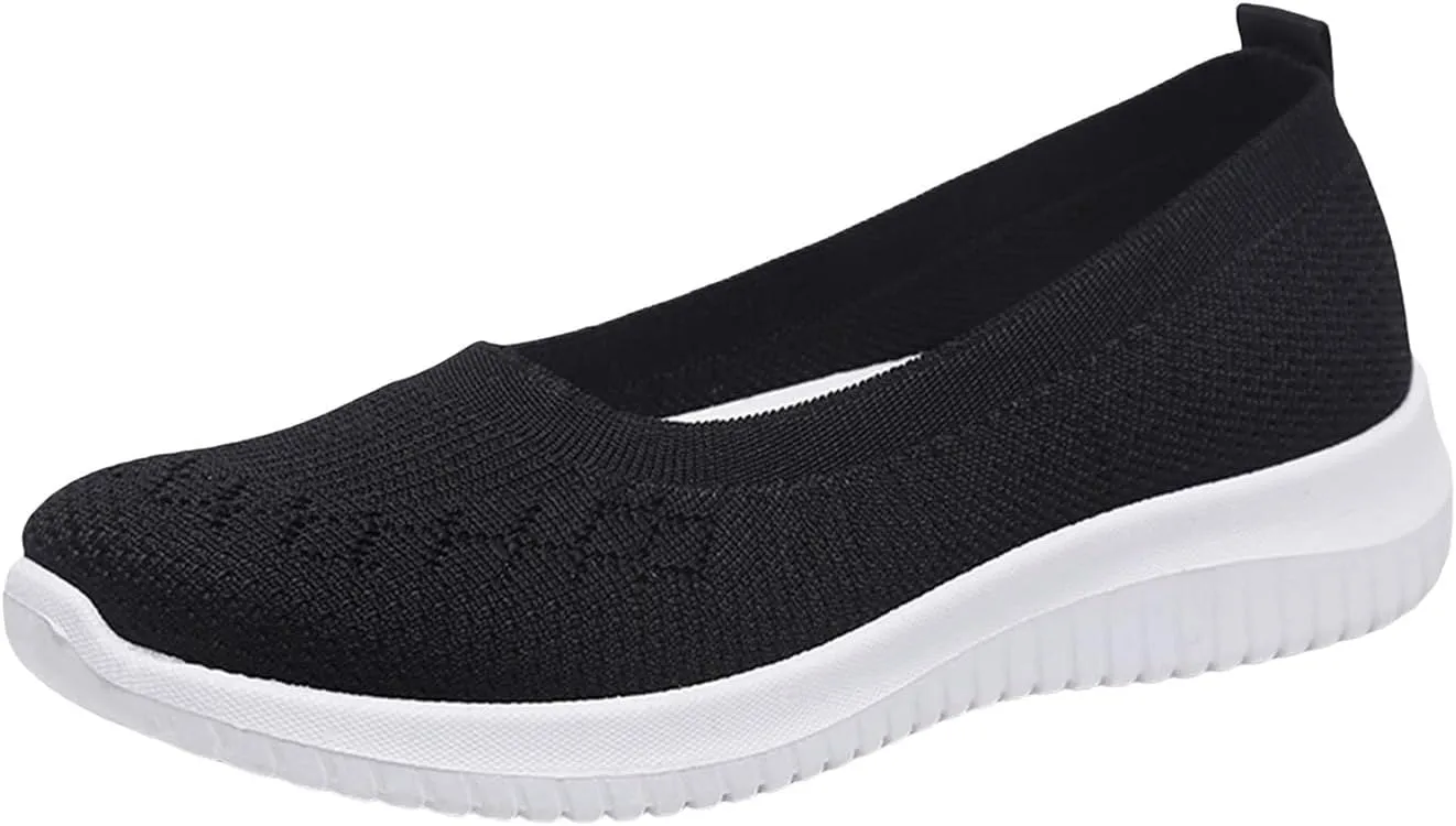 Walking Shoes for Women Summer Breathable Mesh Hollow Out Knitted Flats Casual Comfortable Slip On Soft Sole Sneakers Athletic Walking Sneakers with Arch Support