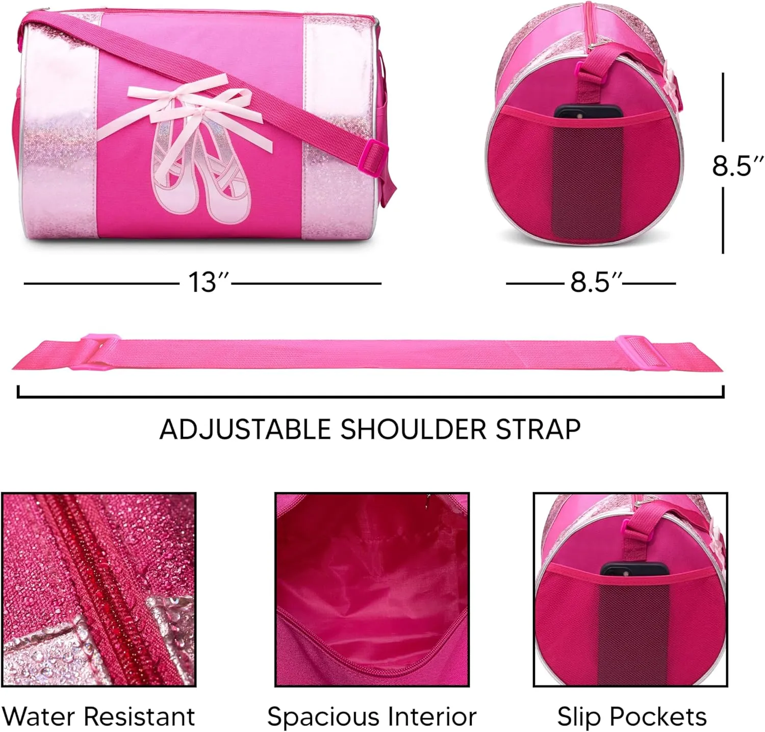 Water-resistance Dance Ballet Slippers Duffel Bag, Kids Travel Bag with Adjustable Carry On Pouch, Dance Accessories For Girls, Teens (Hot Pink/Pink)