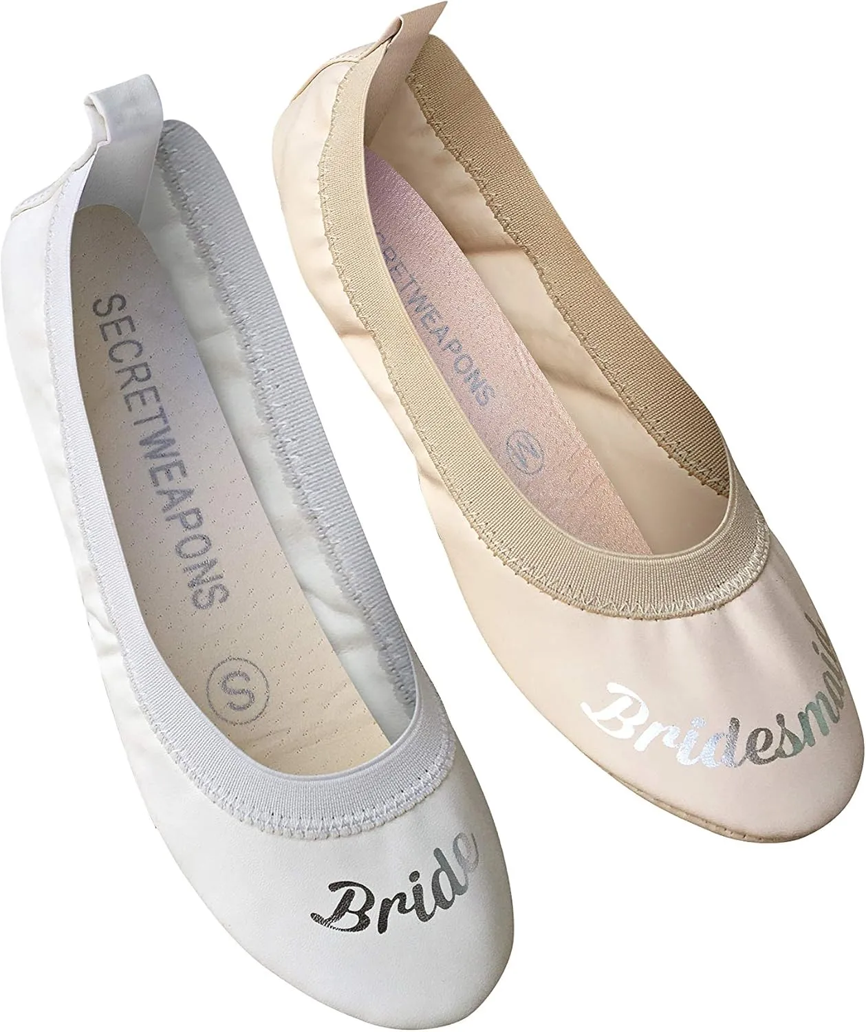White Bride & Bridesmaid Fold Up Ballet Flats-Foldable Bridal Wedding Party Shoes with Bride & Bridesmaid Print-Cute Purse unfolds into a Tote Carry Bag