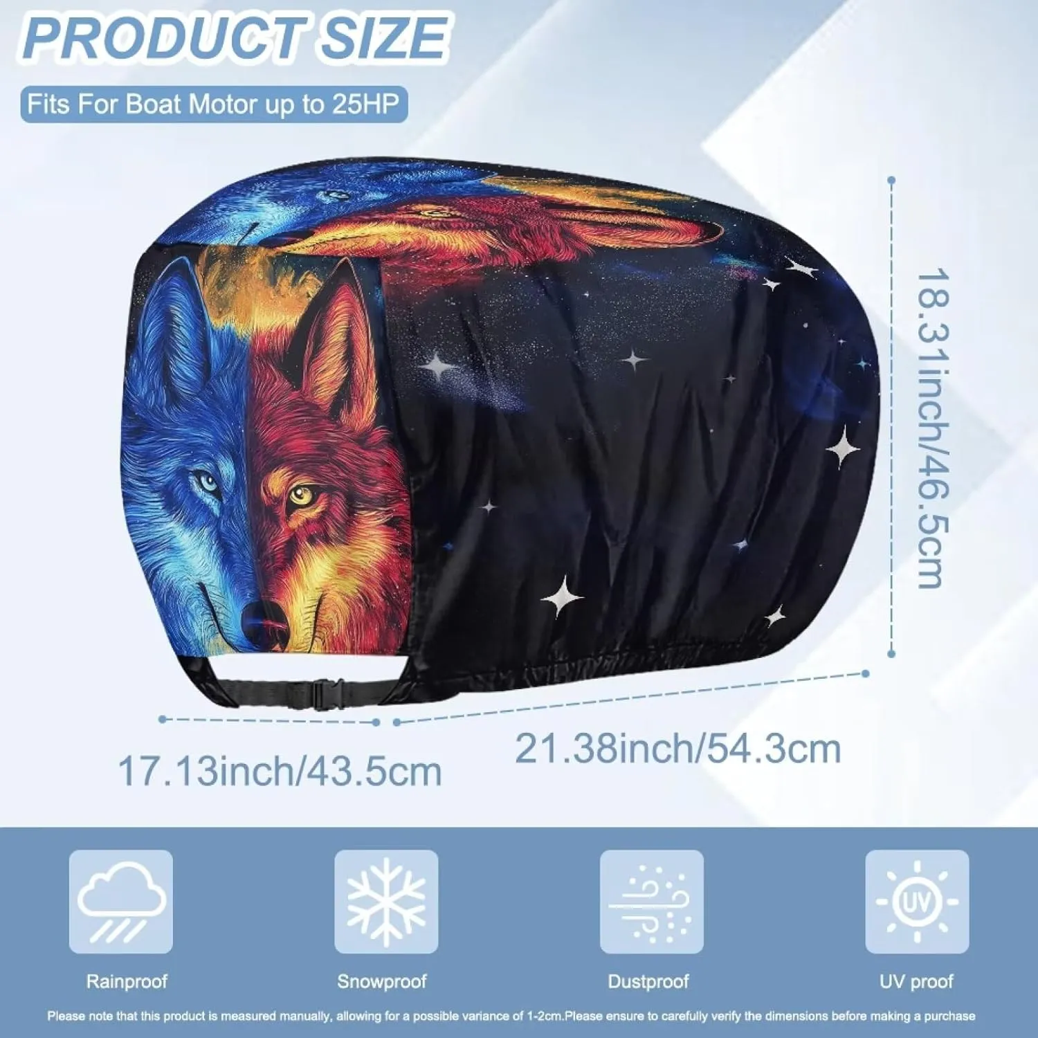 Wolf Print Boat Motor Covers, Outboard Motor Cover Made with Reversible Waterproof Oxford UV-Proof Marine Grade Engine Cover up to 25HP