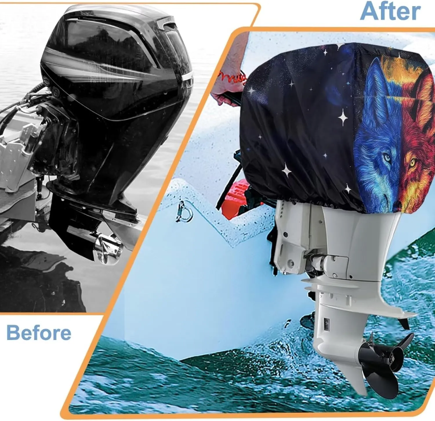 Wolf Print Boat Motor Covers, Outboard Motor Cover Made with Reversible Waterproof Oxford UV-Proof Marine Grade Engine Cover up to 25HP