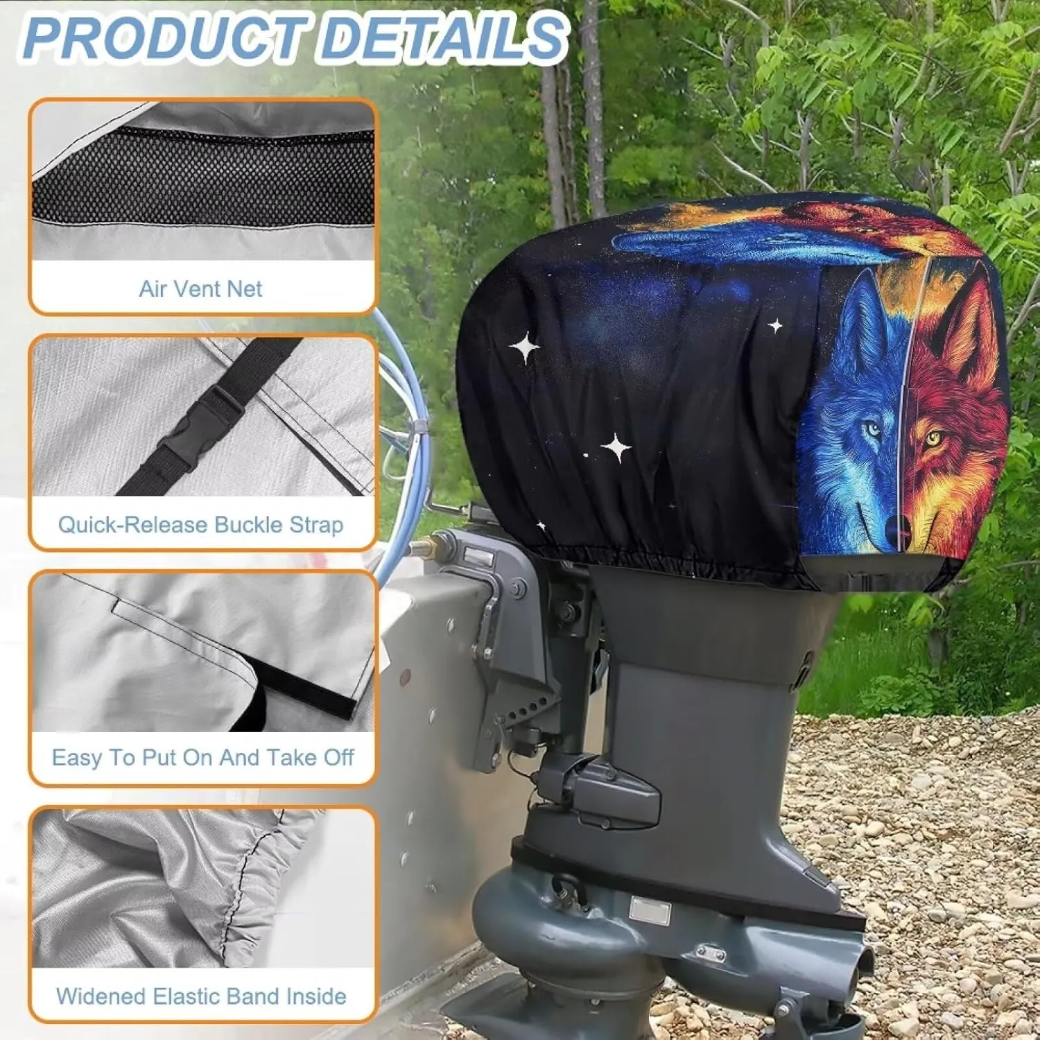 Wolf Print Boat Motor Covers, Outboard Motor Cover Made with Reversible Waterproof Oxford UV-Proof Marine Grade Engine Cover up to 25HP