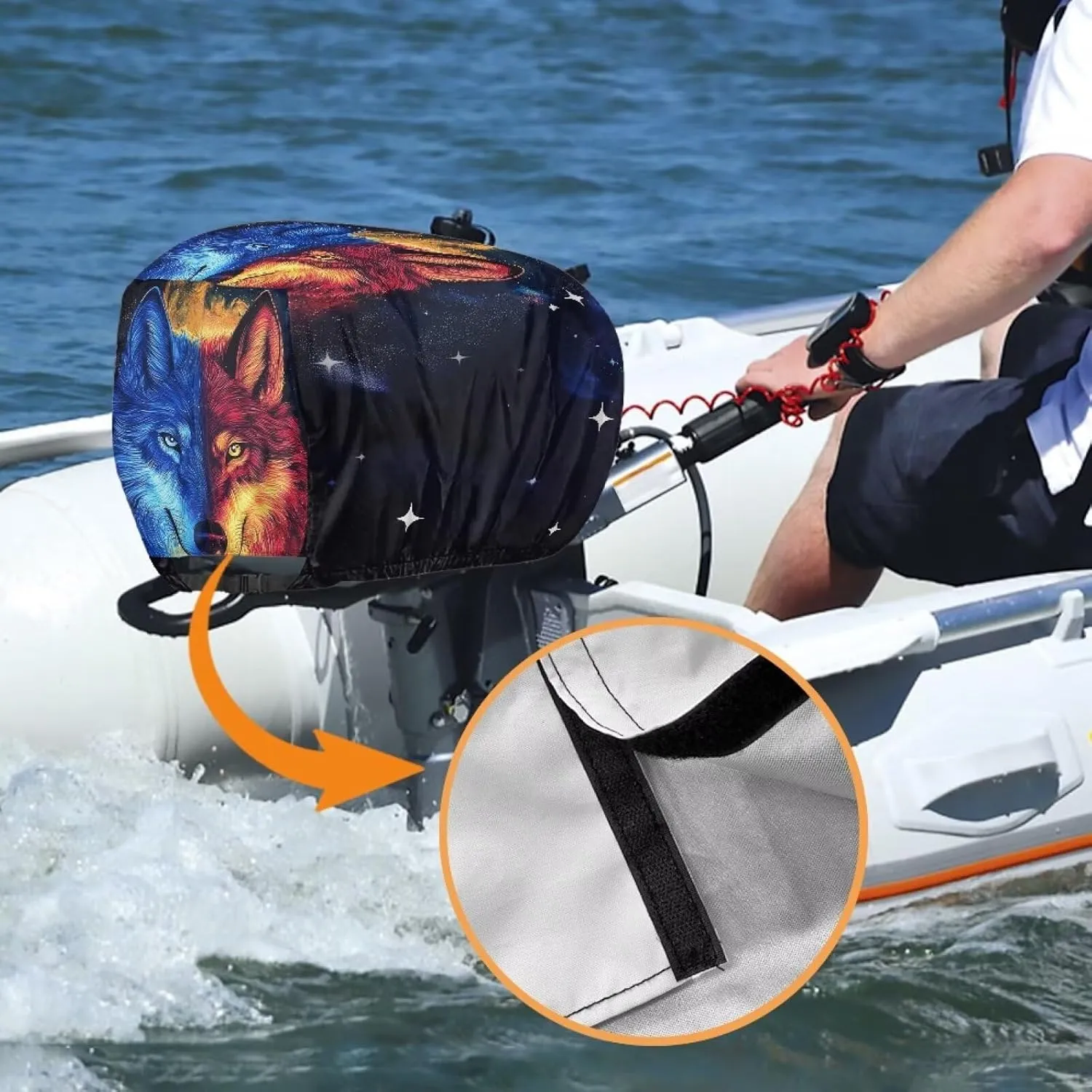 Wolf Print Boat Motor Covers, Outboard Motor Cover Made with Reversible Waterproof Oxford UV-Proof Marine Grade Engine Cover up to 25HP