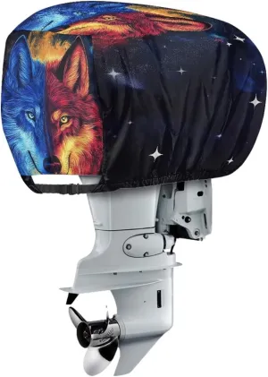 Wolf Print Boat Motor Covers, Outboard Motor Cover Made with Reversible Waterproof Oxford UV-Proof Marine Grade Engine Cover up to 25HP