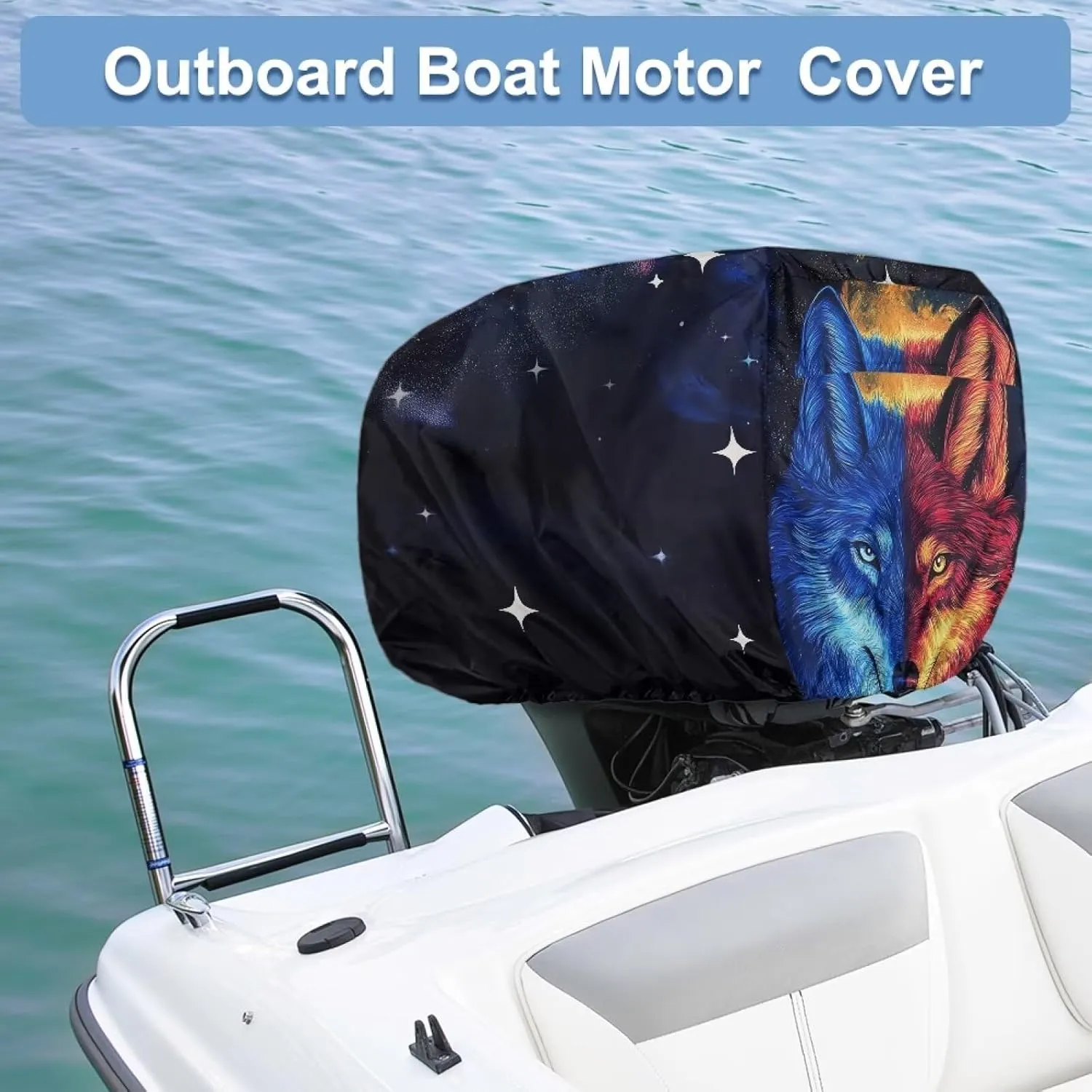 Wolf Print Boat Motor Covers, Outboard Motor Cover Made with Reversible Waterproof Oxford UV-Proof Marine Grade Engine Cover up to 25HP