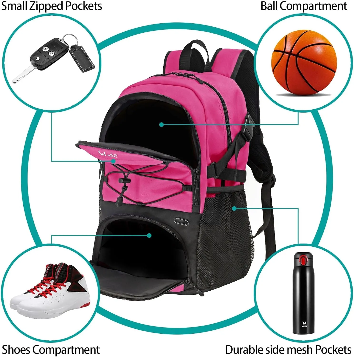 WOLT Basketball Backpack Large Sports Bag with Separate Ball Holder & Shoes Compartment, Best for Basketball, Soccer,Gym