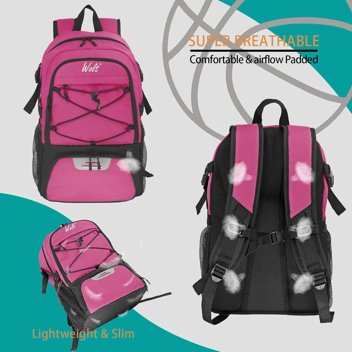 WOLT Basketball Backpack Large Sports Bag with Separate Ball Holder & Shoes Compartment, Best for Basketball, Soccer,Gym