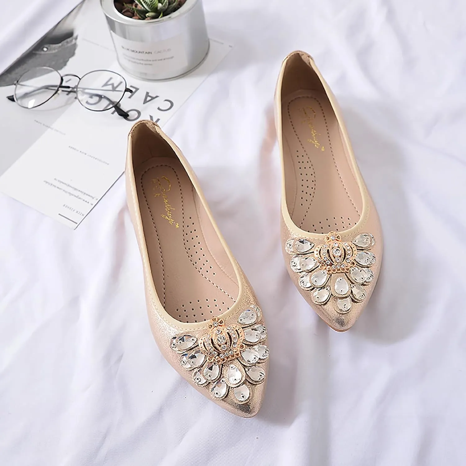 Women Ballet Flats Bling Cute Rhinestone Wedding Ballerina Shoes Foldable Sparkly Comfort Slip on Flat Shoes