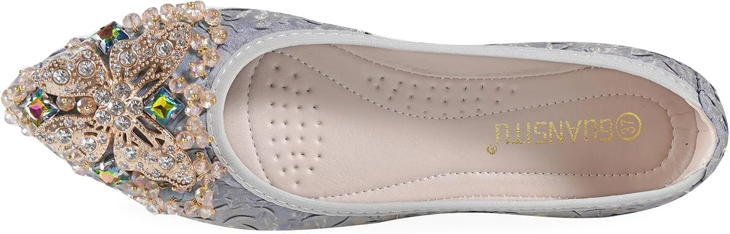 Women Ballet Flats Rhinestone Wedding Ballerina Shoes Foldable Sparkly Comfort Slip on Flat Shoes