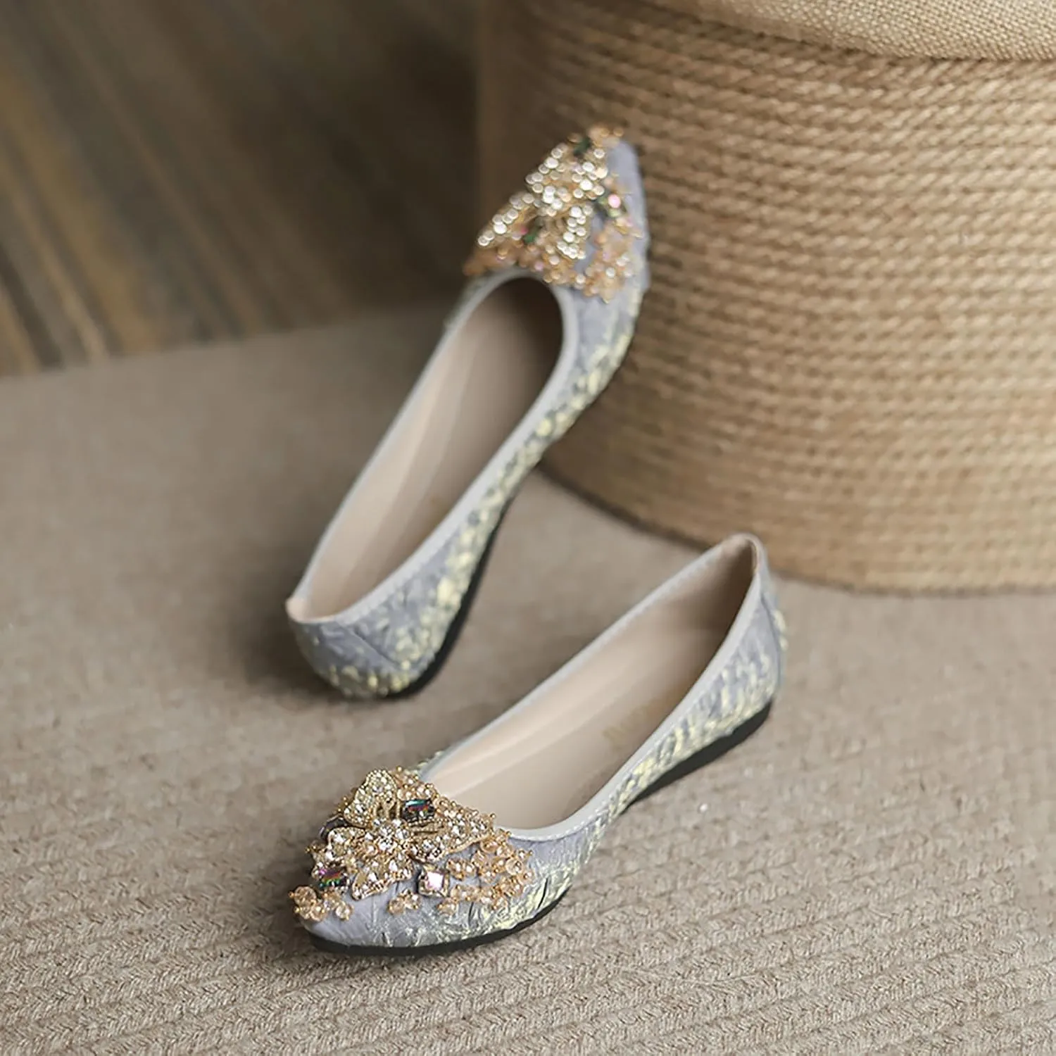 Women Ballet Flats Rhinestone Wedding Ballerina Shoes Foldable Sparkly Comfort Slip on Flat Shoes