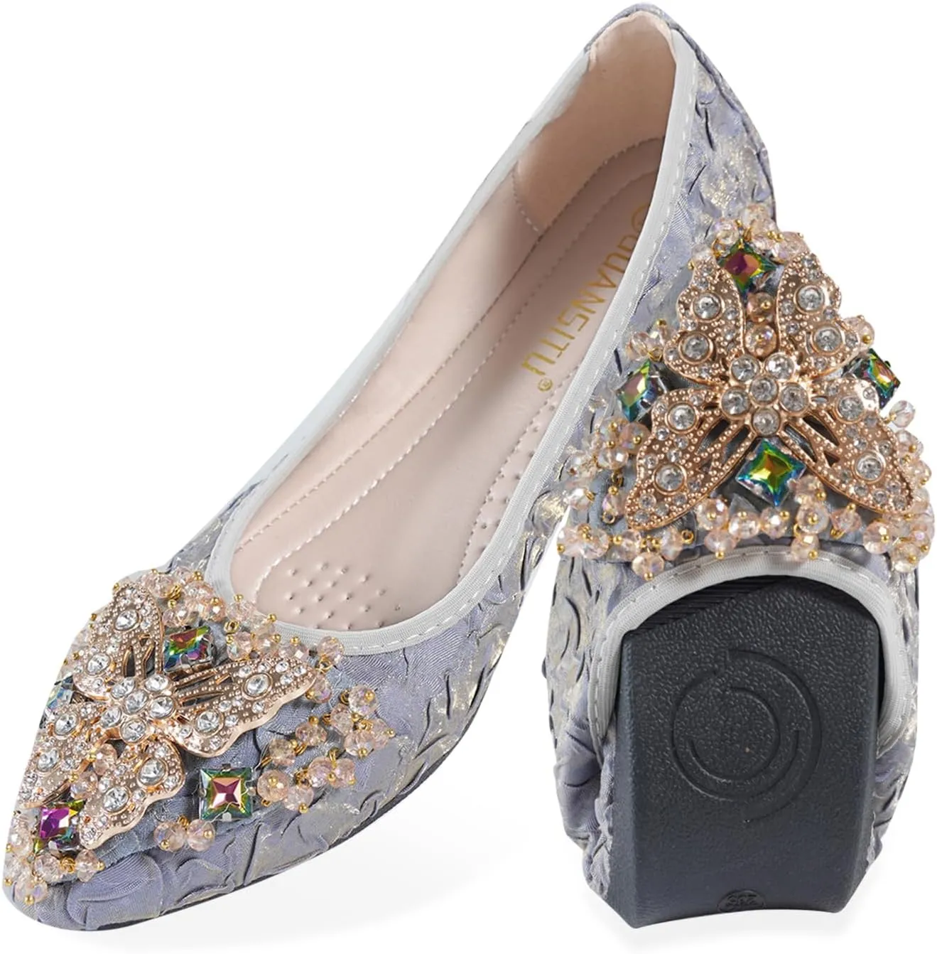 Women Ballet Flats Rhinestone Wedding Ballerina Shoes Foldable Sparkly Comfort Slip on Flat Shoes