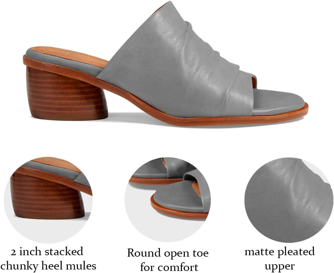 Women Chunky Block Heel Mules Open Toe Slip On Mule Sandals Stacked Heels Mule Shoes Pleated Matte 2 inch Mule Heels Slide Shoes Casual Walking Outdoor Heeled Mules Retro 4-11 M US