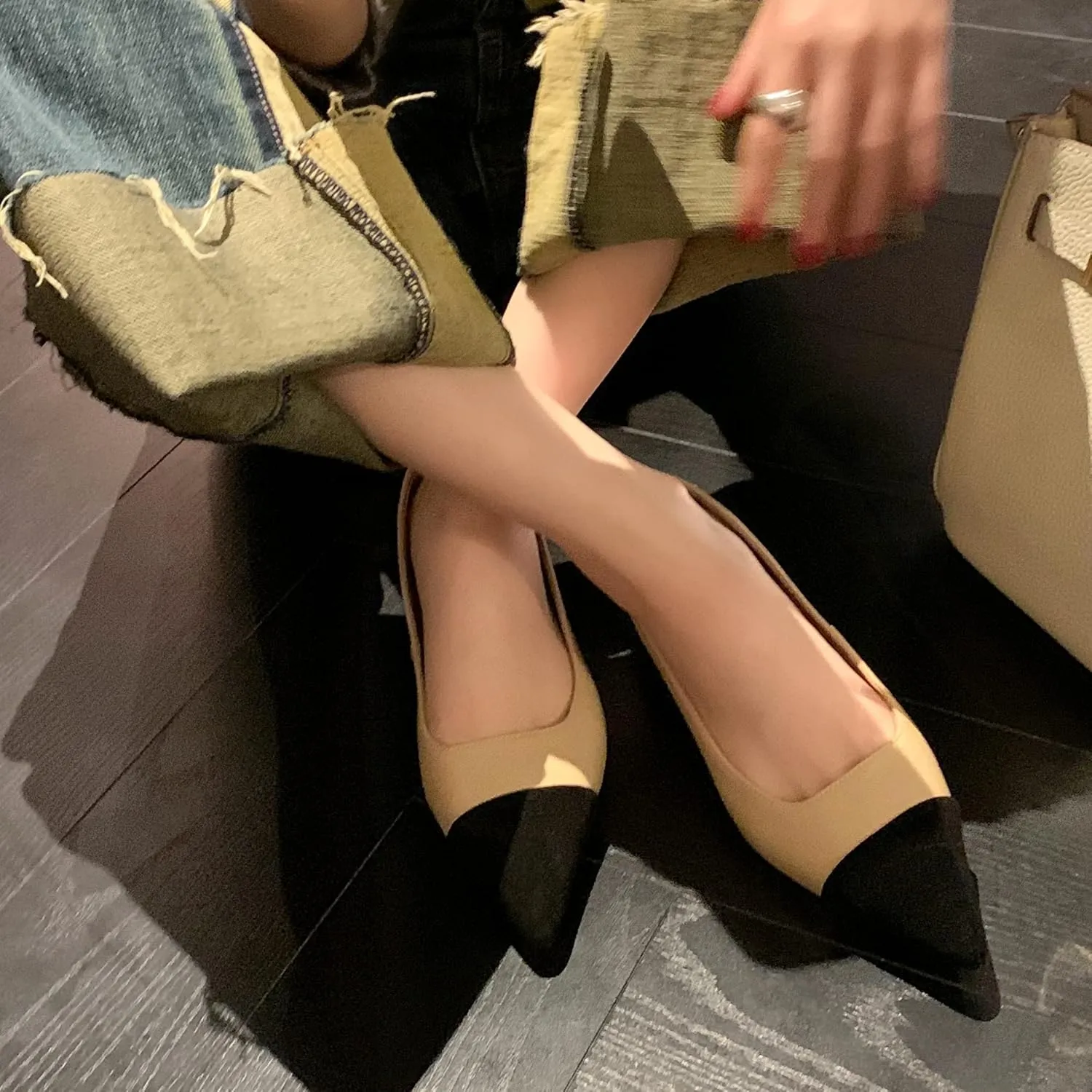 Women Comfy Cap Toe Flats Slip on Pointed toe Flat Shoes Two Tone Flat Heel Dress Shoes Casual Pointy Toe Ballet Flats Colorblock Classic Office Elegant Driver Flats 4-11 M US