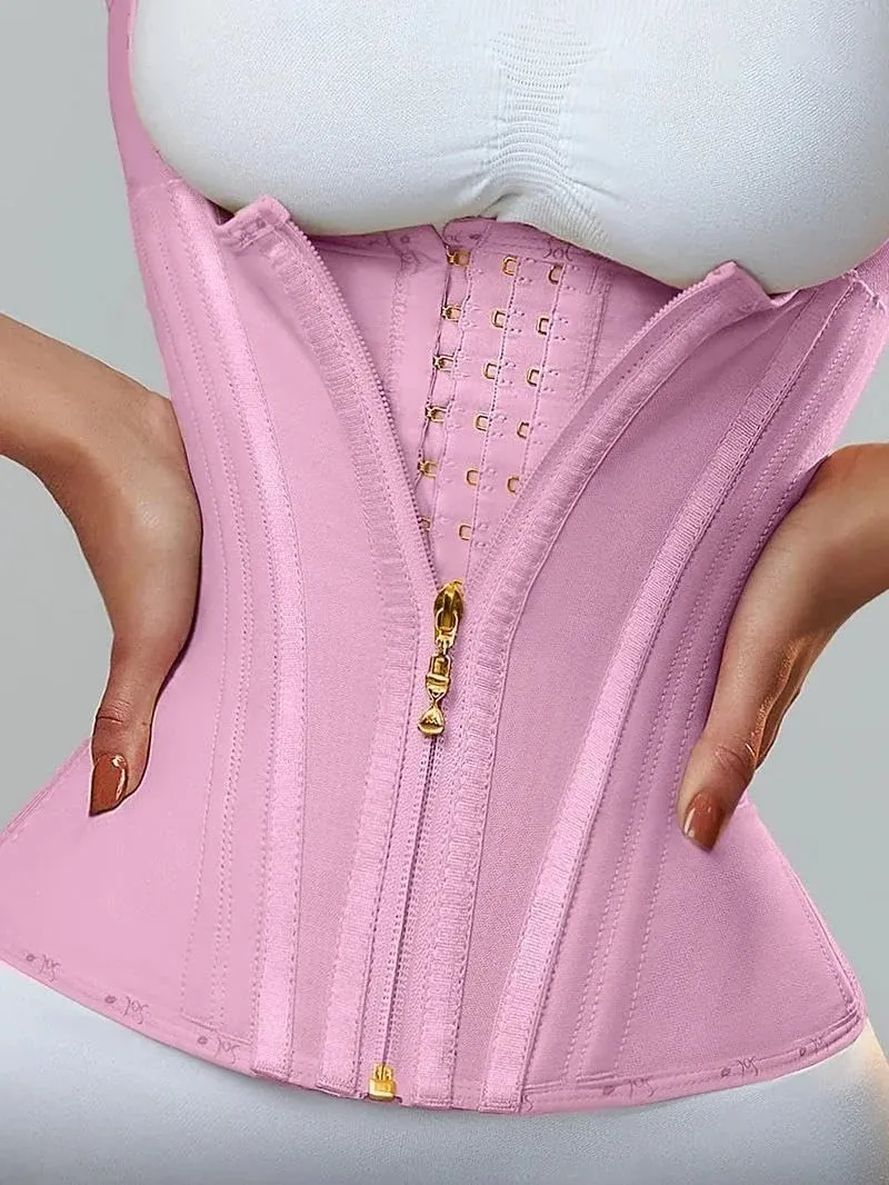 Women Double Compression Waist Trainer Corset Adjustable Straps Steel Bone Support,Zipper Hook Flat Belly Body Shaper Belt