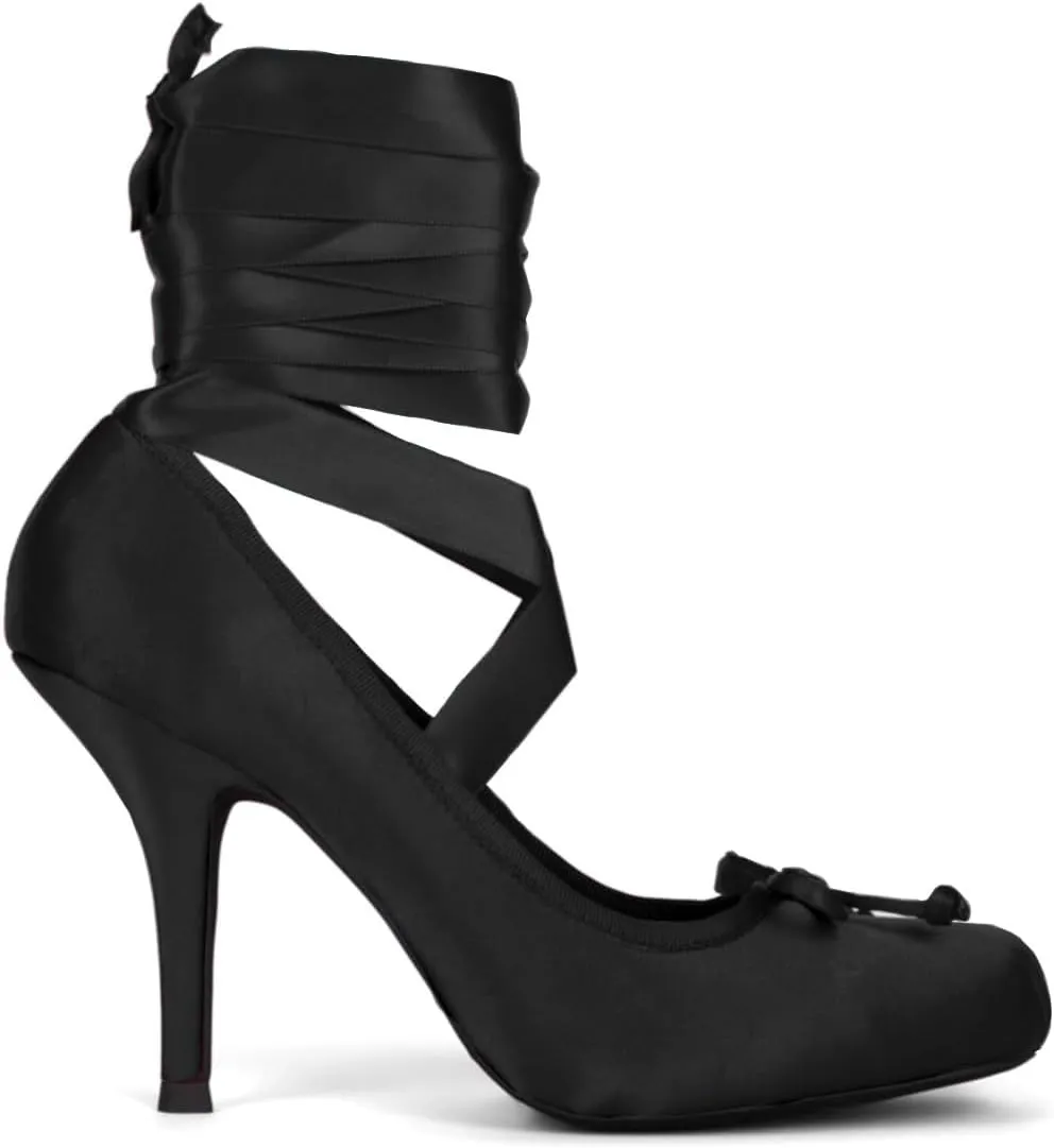 Women Satin Ballet High Heels Bow Round Toe Stiletto Heel Pumps Strappy 4 inch Stiletto High Heel Ballet Shoes Bow Slip On Dress Shoes Cross Strap Elegant Sexy 4-11 M US