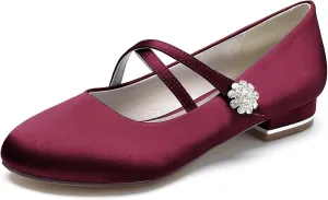 Women Satin Cross Ankle Strap Ballet Flat Closed Toe with Rhinestone Bridal Shoes Slip-On Low Heel Dress Shoes