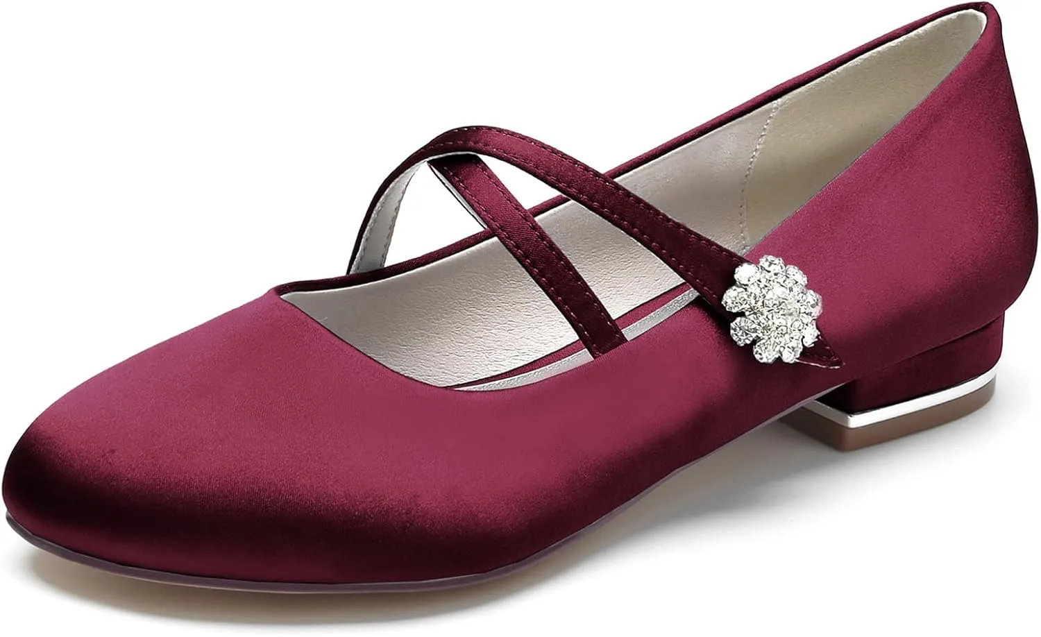 Women Satin Cross Ankle Strap Ballet Flat Closed Toe with Rhinestone Bridal Shoes Slip-On Low Heel Dress Shoes