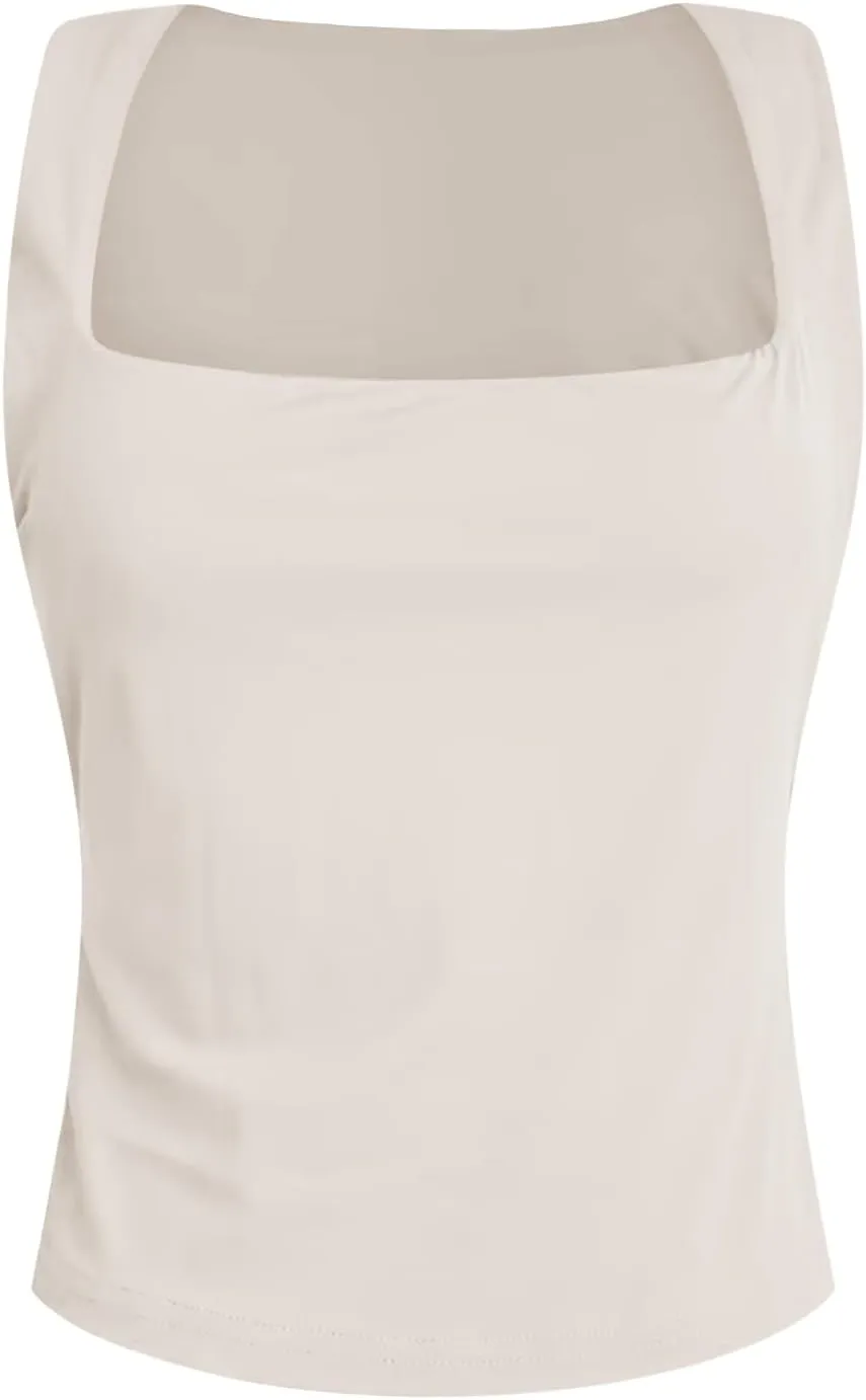 Women Square Neck Sleeveless Double Layer Tight Tank Top For Women Camisole Half Slip
