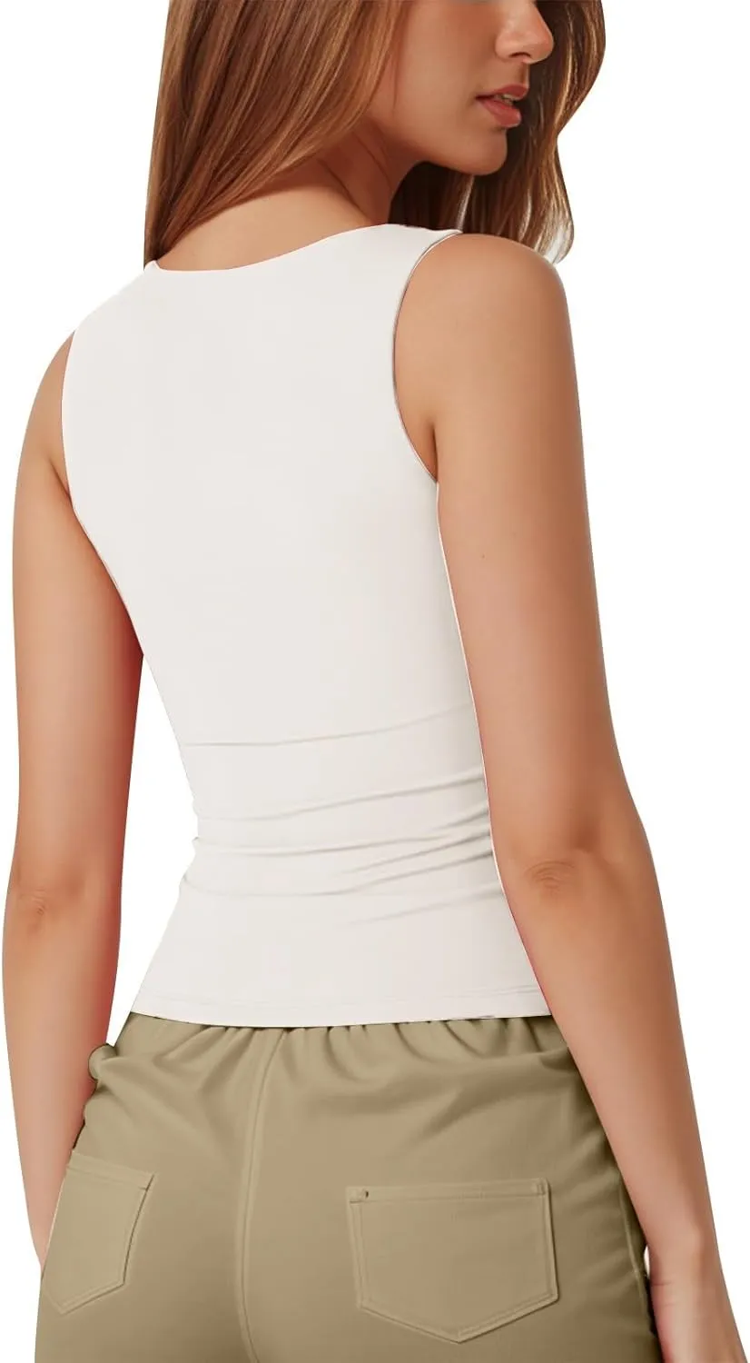 Women Square Neck Sleeveless Double Layer Tight Tank Top For Women Camisole Half Slip