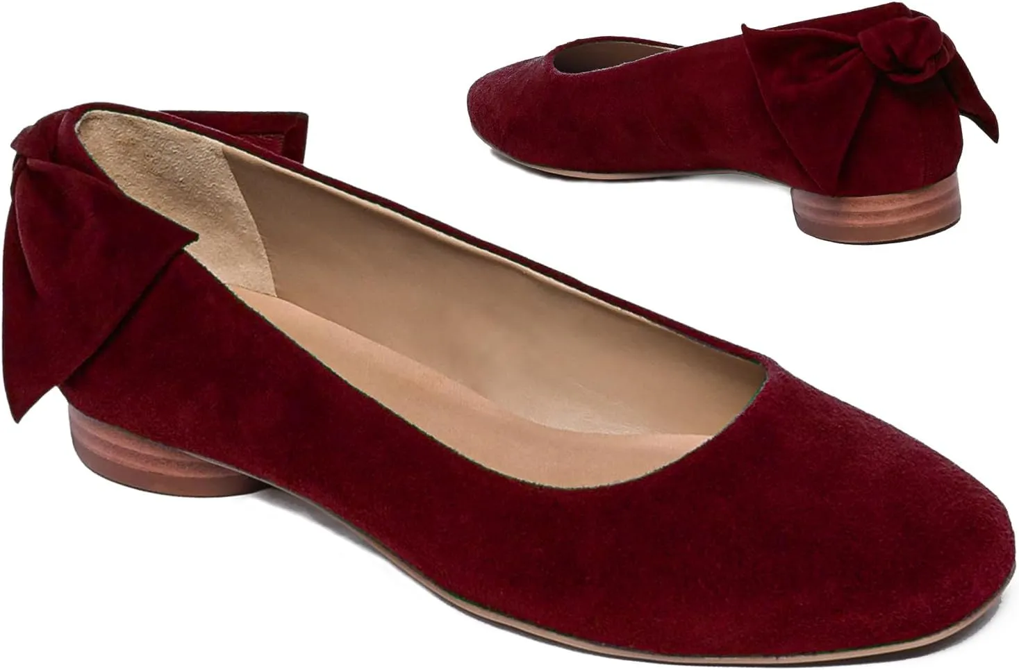 Women Suede Round Toe Flats Bow Slip On Ballet Flats Comfortable 1 inch Low Flat Heel Dress Shoes Closed Square Toe Flat Shoes Office Party Weding Walking Drive Flats 4-11 M US