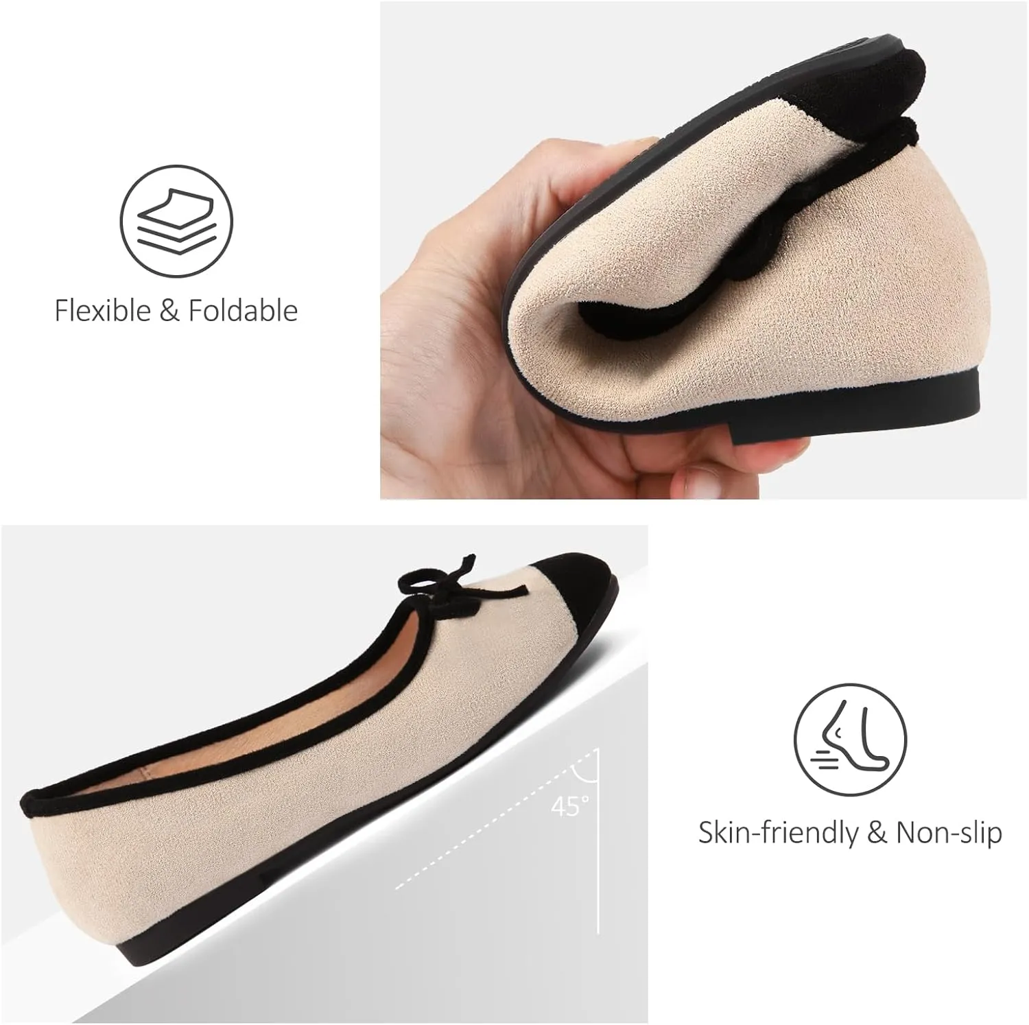 Women's Ballet Flats Cap Toe Bow Flats Two Tone Slip On Flats Comfort Square Toe Dressy Flat Shoes for Casual Work