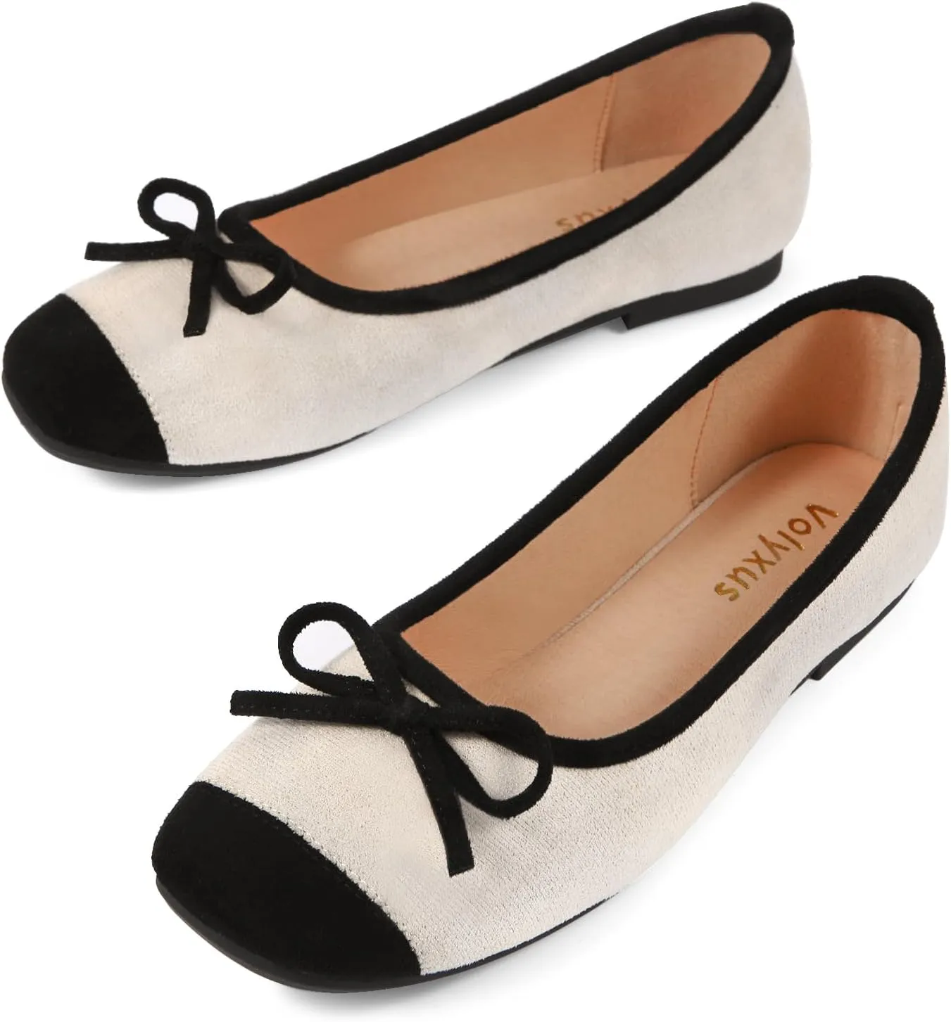 Women's Ballet Flats Cap Toe Bow Flats Two Tone Slip On Flats Comfort Square Toe Dressy Flat Shoes for Casual Work
