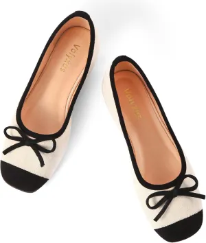 Women's Ballet Flats Cap Toe Bow Flats Two Tone Slip On Flats Comfort Square Toe Dressy Flat Shoes for Casual Work