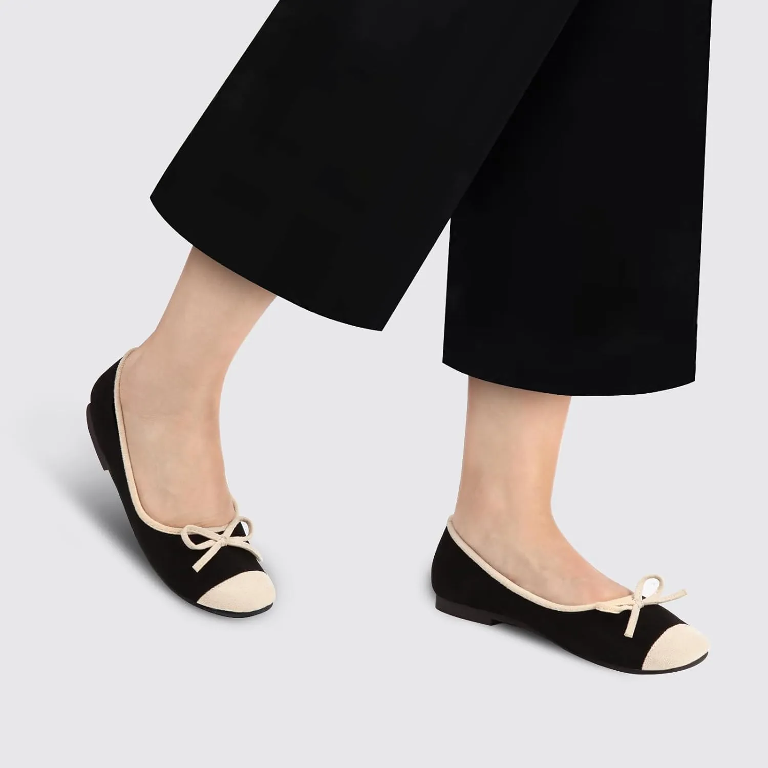 Women's Ballet Flats Cap Toe Bow Flats Two Tone Slip On Flats Comfort Square Toe Dressy Flat Shoes for Casual Work