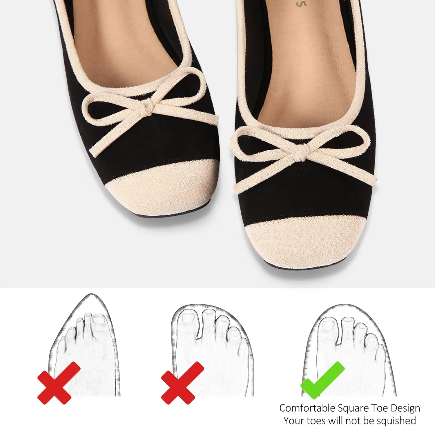 Women's Ballet Flats Cap Toe Bow Flats Two Tone Slip On Flats Comfort Square Toe Dressy Flat Shoes for Casual Work