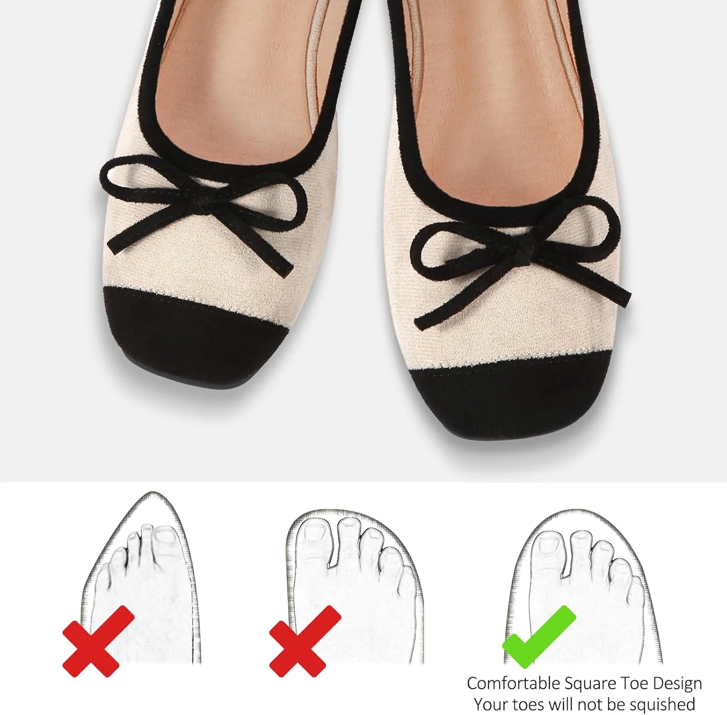 Women's Ballet Flats Cap Toe Bow Flats Two Tone Slip On Flats Comfort Square Toe Dressy Flat Shoes for Casual Work
