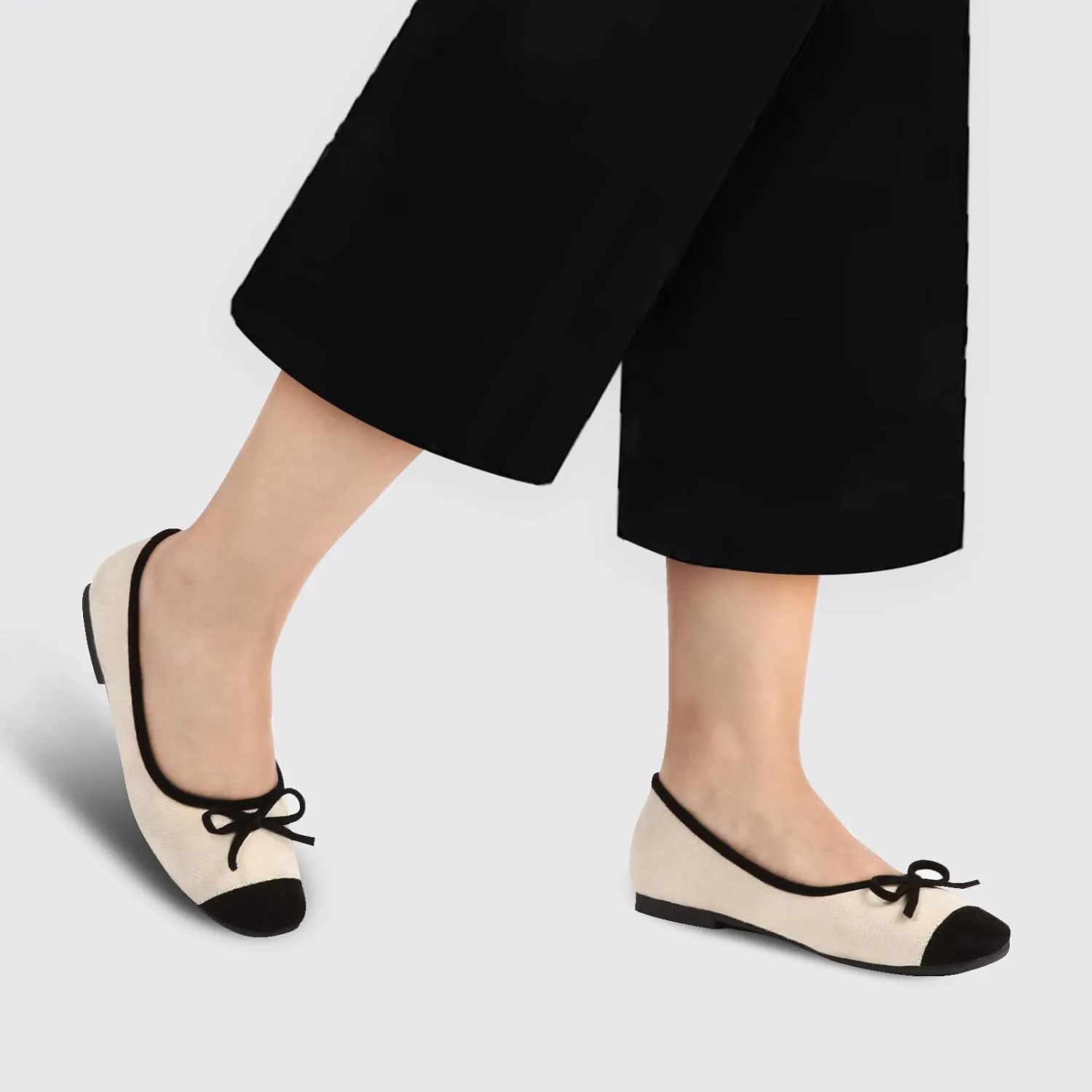Women's Ballet Flats Cap Toe Bow Flats Two Tone Slip On Flats Comfort Square Toe Dressy Flat Shoes for Casual Work