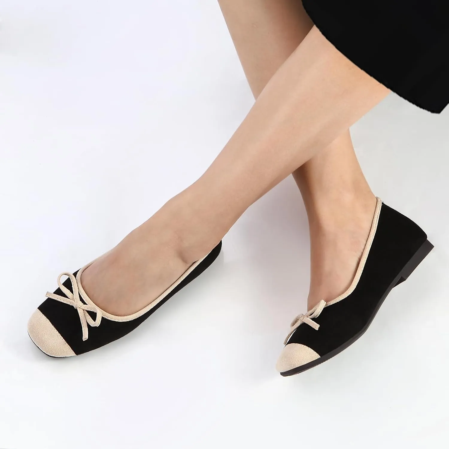 Women's Ballet Flats Cap Toe Bow Flats Two Tone Slip On Flats Comfort Square Toe Dressy Flat Shoes for Casual Work