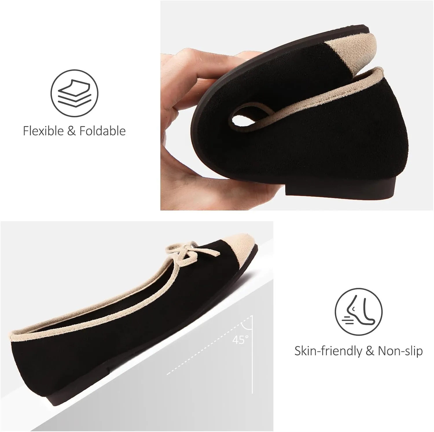 Women's Ballet Flats Cap Toe Bow Flats Two Tone Slip On Flats Comfort Square Toe Dressy Flat Shoes for Casual Work