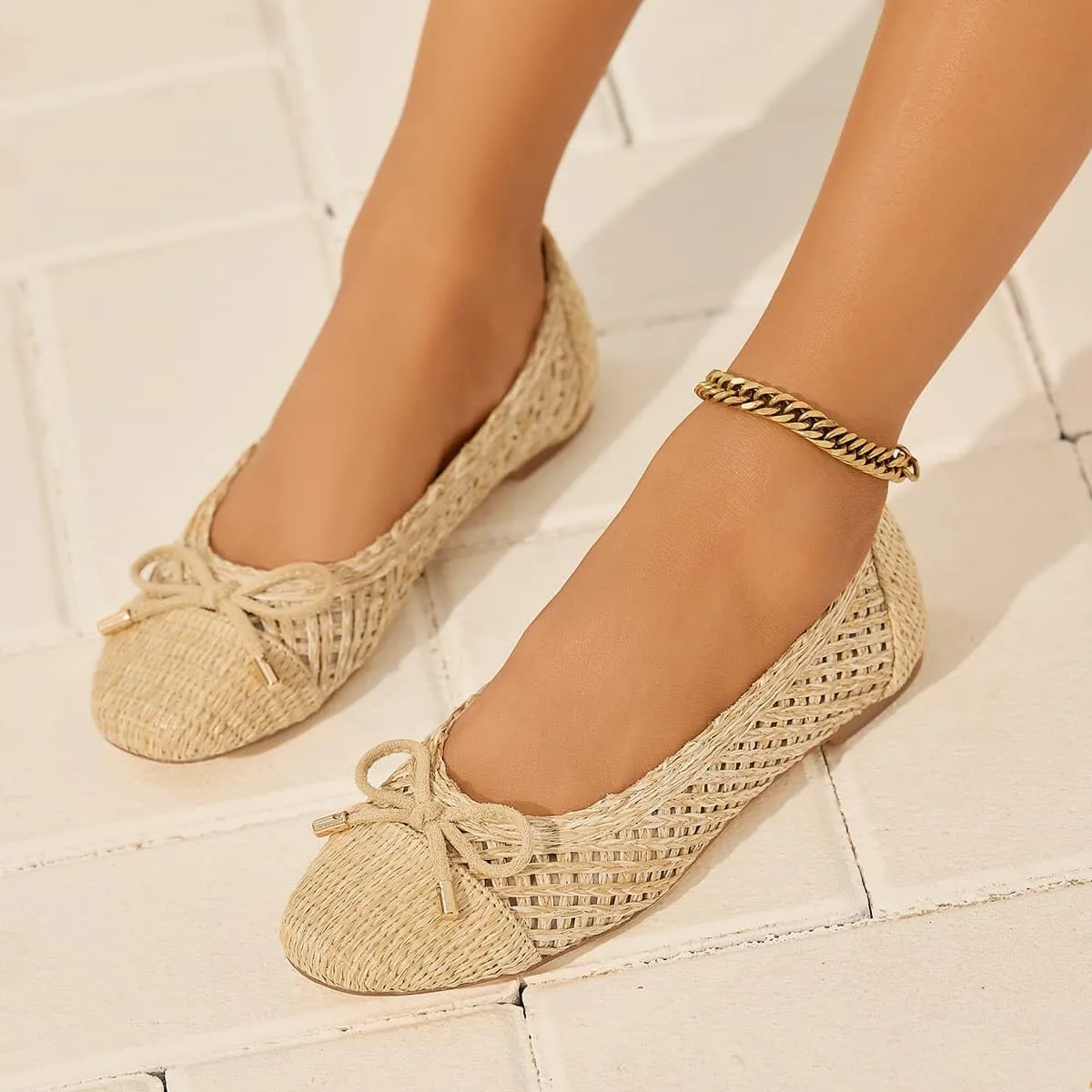 Women's Ballet Flats Fashionable Bow Weavy Squared Toe Casual Comfortable Breathable Mary Jane Flats Shoes
