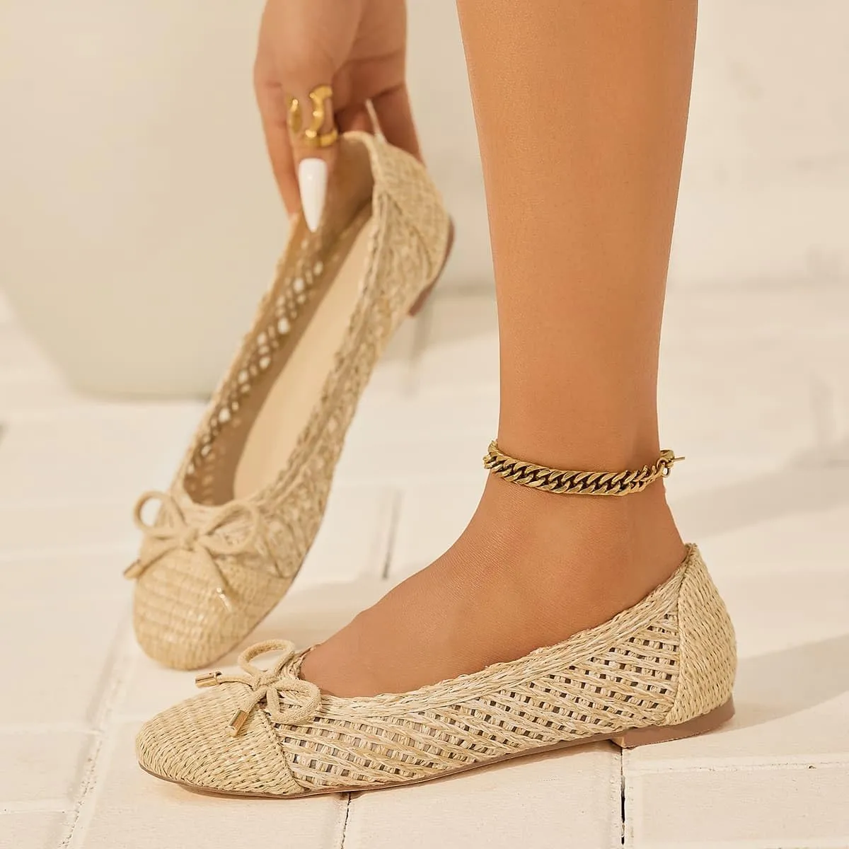 Women's Ballet Flats Fashionable Bow Weavy Squared Toe Casual Comfortable Breathable Mary Jane Flats Shoes