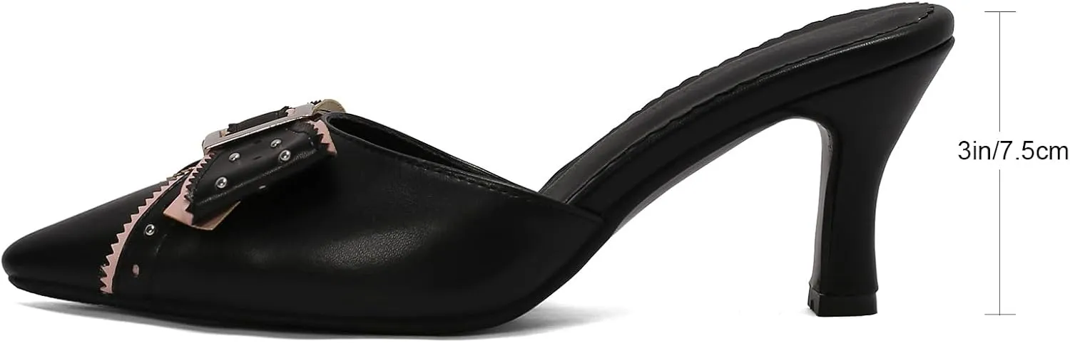 Women's Black Heels, Elegant Bow Pointed-Toe Heels, Sexy Vintage Studded Kitten Heels, Dress Party Wedding Work Backless Mule Pumps