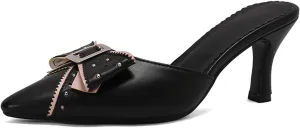 Women's Black Heels, Elegant Bow Pointed-Toe Heels, Sexy Vintage Studded Kitten Heels, Dress Party Wedding Work Backless Mule Pumps